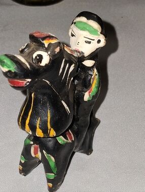 Black Hand-Painted Clay Bull Rider Figurine